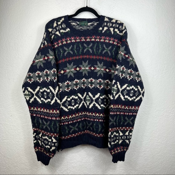 Vintage Green Tag J.Crew 100% Wool Snowflake Pattern Knit Sweater - Picture 1 of 9